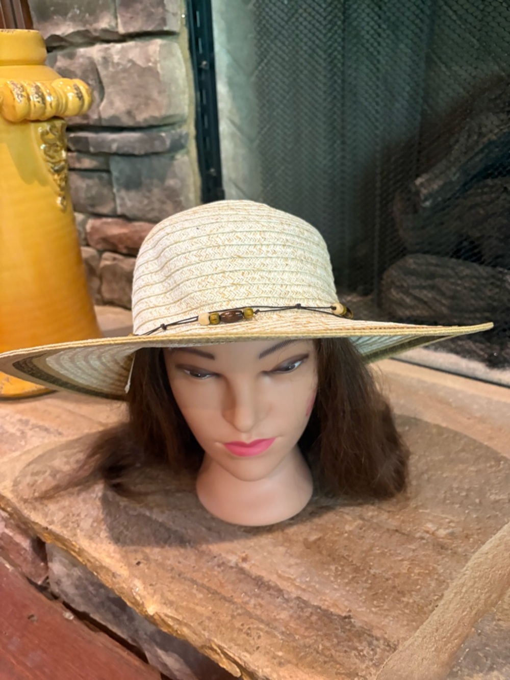 Ladies Panama Jack Straw Sun Hat with Beaded Trim - Cream